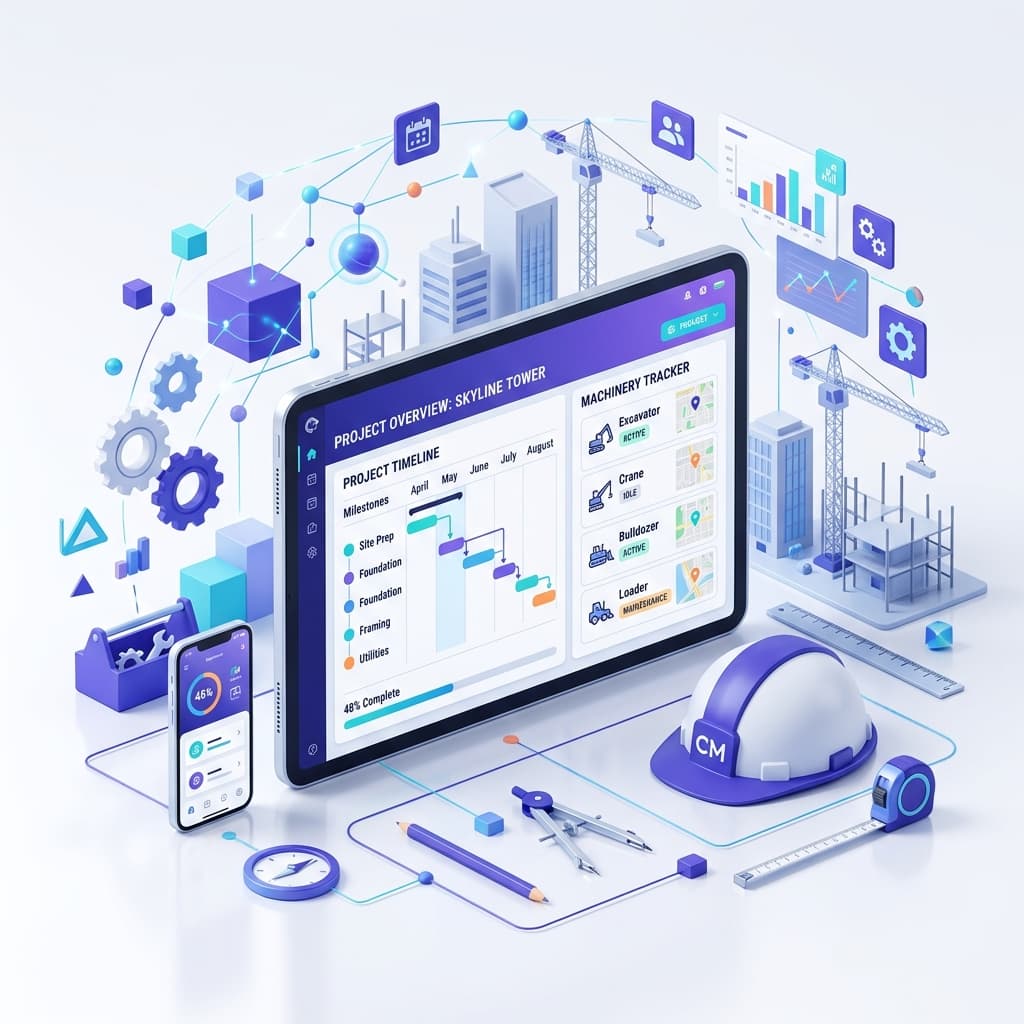 3D Illustration of a modern construction management dashboard and safety helmet