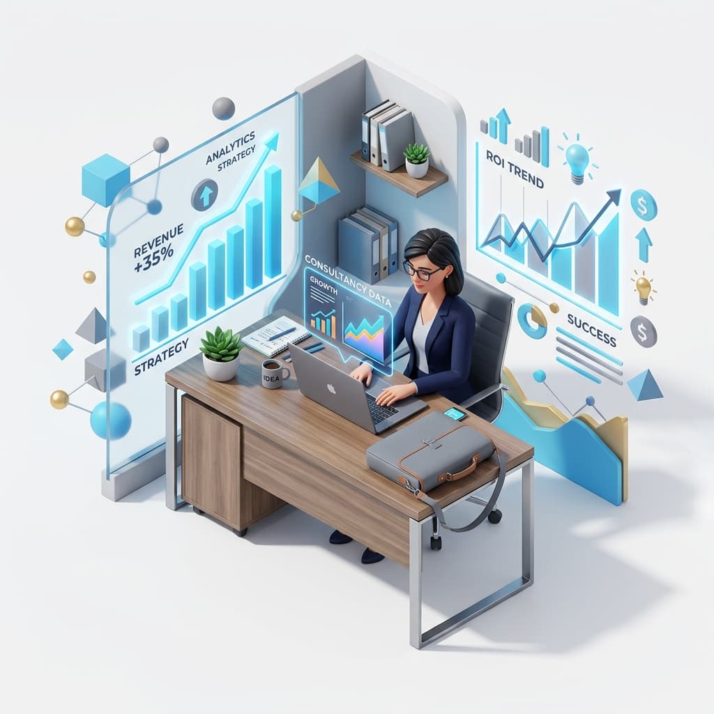 3D Illustration of a professional consultancy office with floating charts and a briefcase