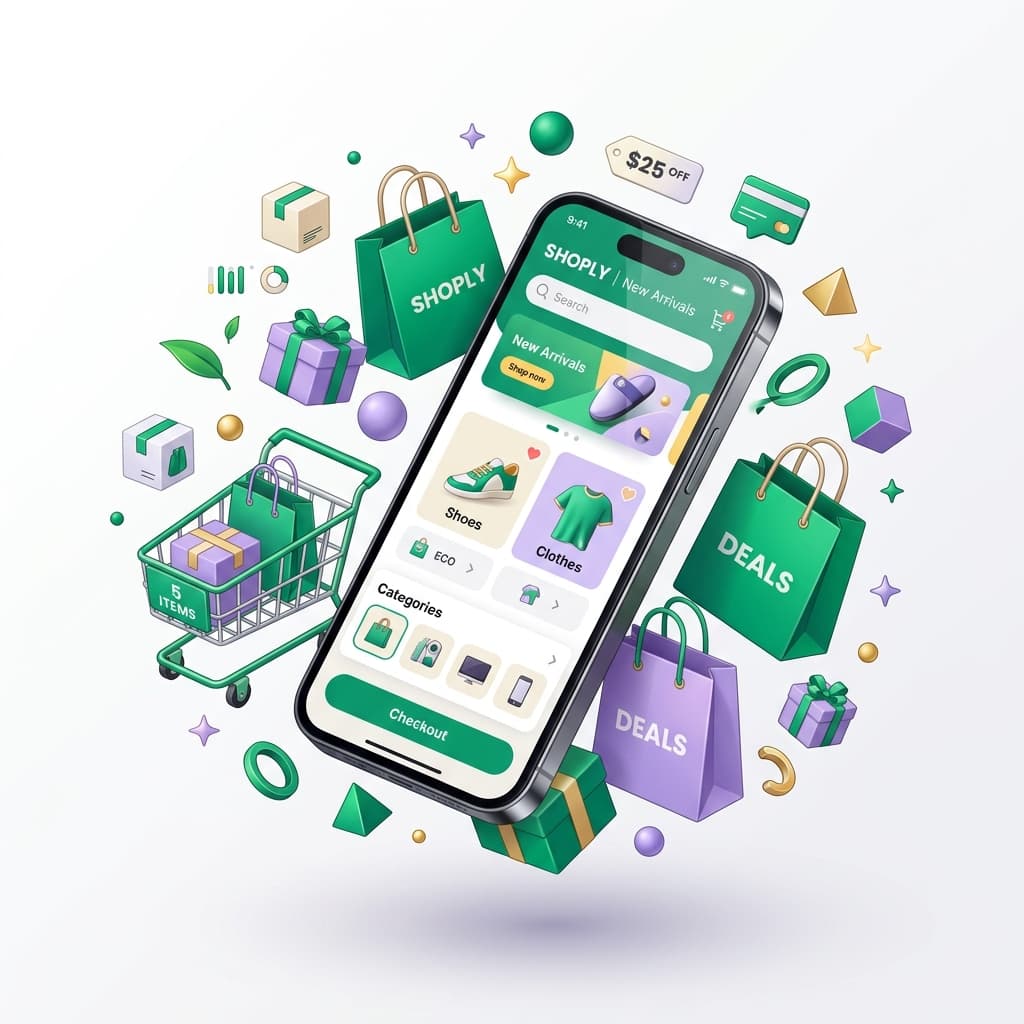 3D Illustration of a modern E-commerce storefront and digital shopping cart