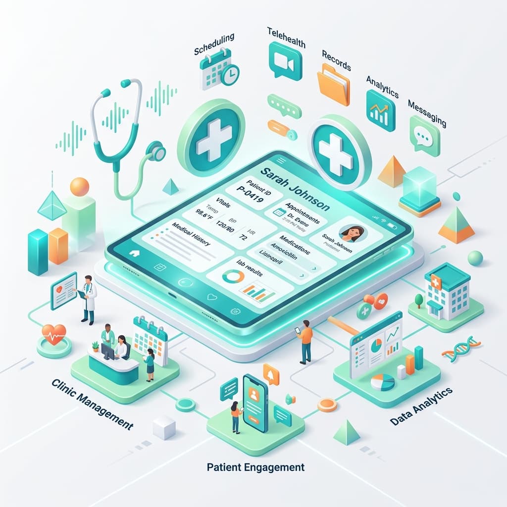 3D Illustration of a healthcare tablet, patient chart, and stethoscope