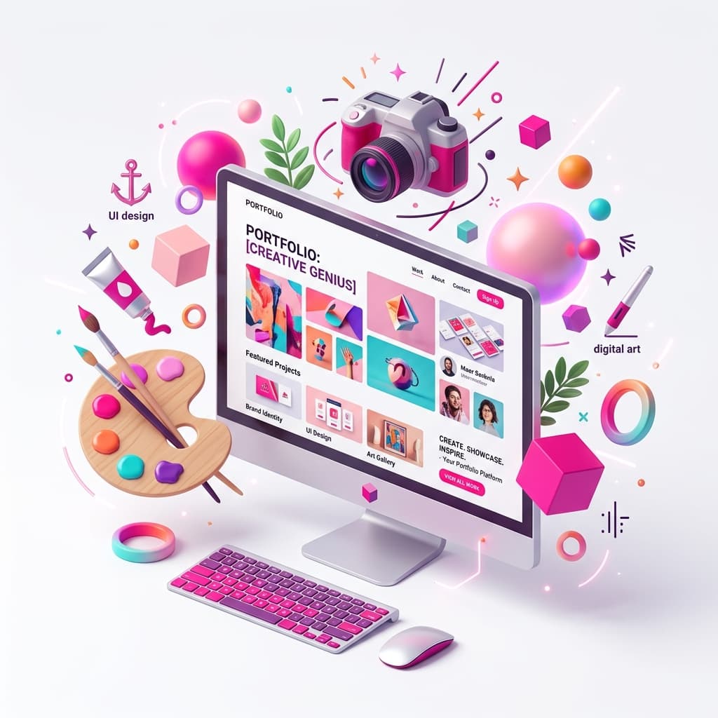 3D Illustration of a creative portfolio layout with a floating artist palette