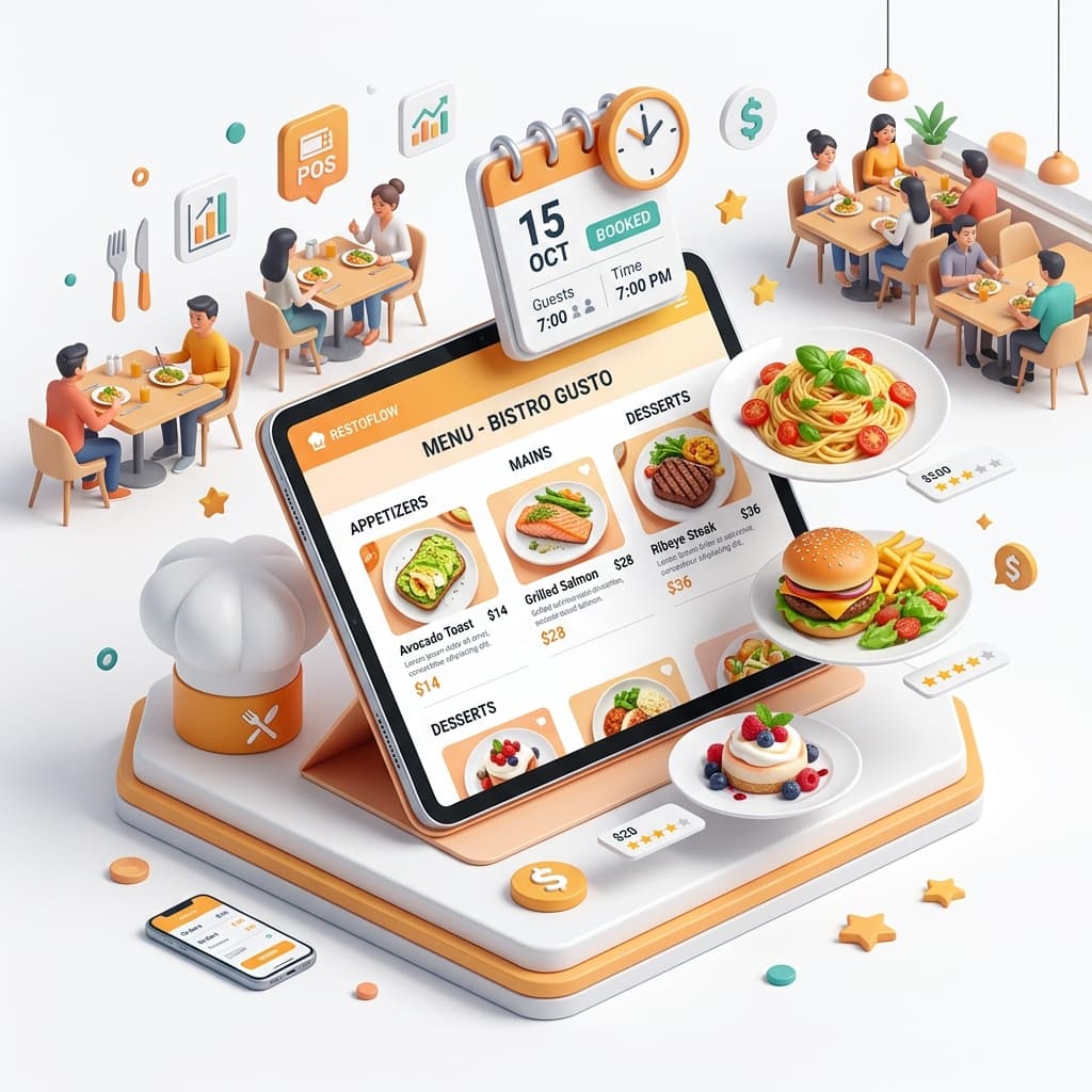 3D Illustration of a digital restaurant management tablet, menu, and chef's hat