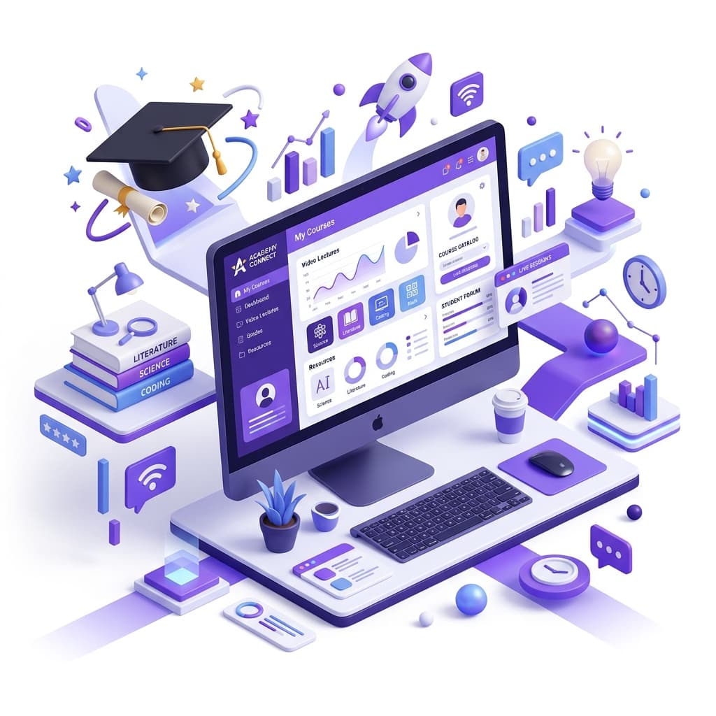3D Illustration of an academic portal, graduation cap, and school books